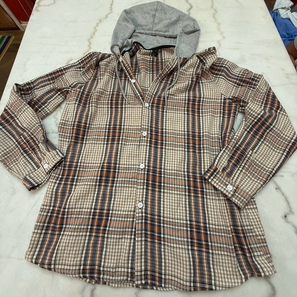 Plaid Button-Up Shirt with Hood - Picture 1 of 3